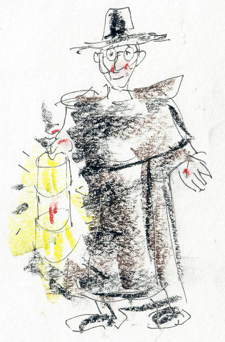 Vredesapostel Titus Brandsma draagt de WereldVredesVlam in deze cartoon van Paul Reehuis